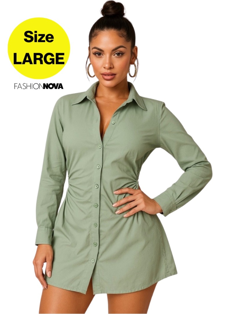 2/for $20 🪩 FASHION NOVA Sage Green Button-Up Shirt Dress (Women’s Size Large)